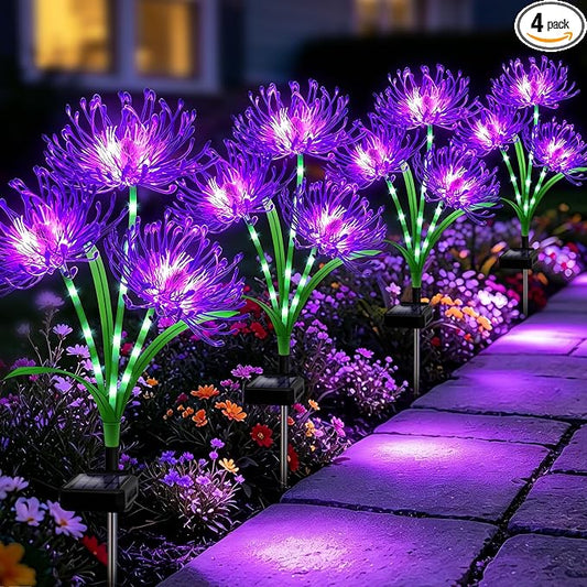 VOOKRY Solar Lights Outdoor, 4 Pack Purple Spider Lily Garden Flower Lights | 3Heads per Stem& Individual Solar Panels, Warm White LED Waterproof Yard Lawn Pathway Decor,Decorative Garden Gifts for Women