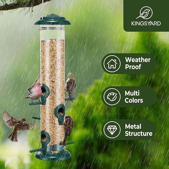 Kingsyard Metal Bird Feeders for Outdoors Hanging, Tube Bird Feeder with 6 Feeding Ports, 15 Inch, Chew-Proof & Weatherproof, Green