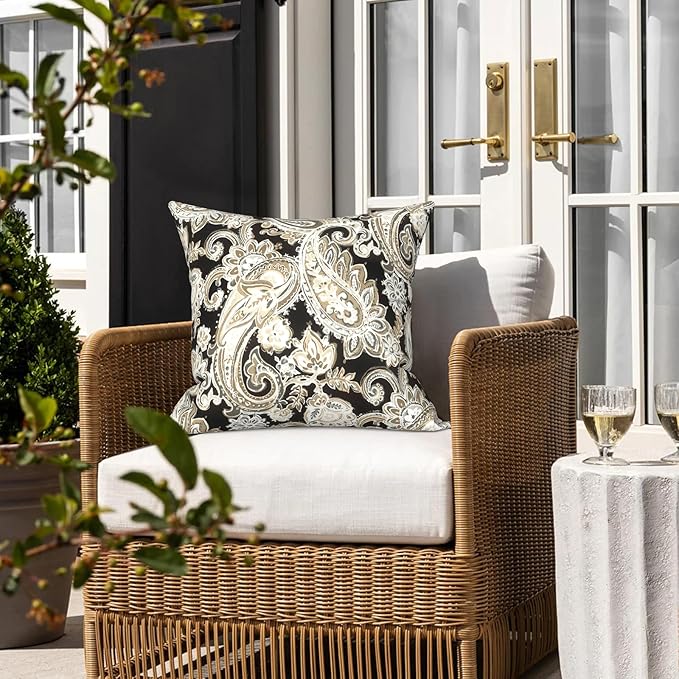 LVTXIII 2 Pack Outdoor Pillow Covers ONLY 18x18 Inch, Water-Repellent Square Decorative Cushion Covers for Patio Furniture, Garden, Sofa, Paisley Black