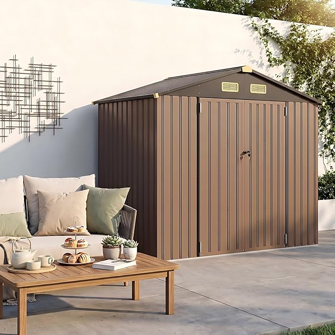 IRONCK 6×8 FT Shed, Galvanized Steel Tool Storage Shed with Lockable Double Doors & Ventilation, Outdoor Utility Storage for Wheelbarrow, Bikes, Yard Bins, Black Brown