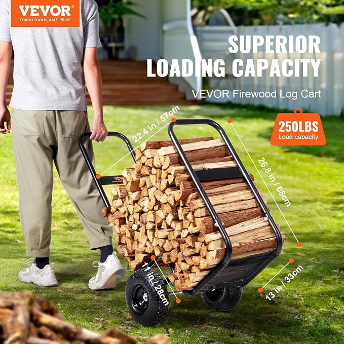 VEVOR Log Cart 250 lbs Load Capacity, Outdoor and Indoor Wood Rack Storage Mover with Pneumatic Rubber Wheels, Heavy Duty Steel Dolly Hauler, Firewood Carrier for Fireplace, Fire Pit, Black