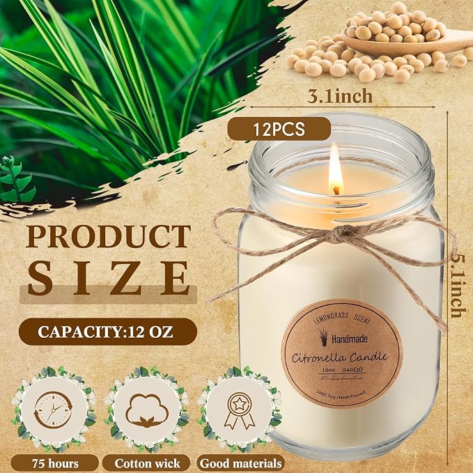 MTLEE 12 Pcs Citronella Candles Outdoor 12 oz Citronella Scented Jar Candles Decorative with Silver Lid for Outdoor Patio Deck Backyard Camping