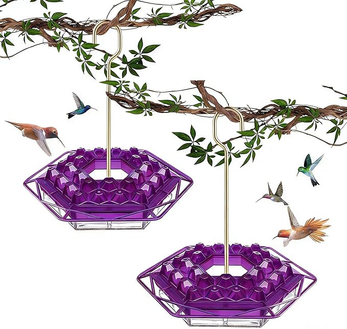 Hummingbird Feeder with Ant-Proof Moat Hummingbird Feeder, Easy to Clean and Refill Includes Hanging Hook, Features 30 Feeding Ports (Purple 2PCS)