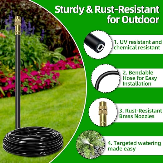 100 Ft Drip Irrigation System for Garden - Drip Irrigation Kit with 32 360°Adjustable Copper Nozzles Hose, Automatic Atomizing Plant Watering Sprinkler System for Yard, Lawn, Greenhouse, Potted