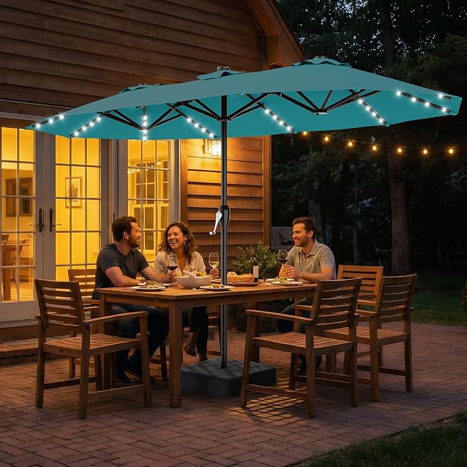 AreShark 15FT Patio Umbrella with Solar Lights, Double Sided Outdoor Table Umbrellas with Crank, Large Rectangular Market Umbrella for Porch, Lawn, Pool, Backyard, Lake Blue