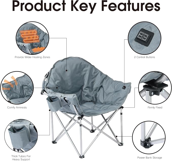 SunSettler Heated Camping Chair, Oversized Heated Outdoor Chair for Adults with 3 Heat Levels, Portable Folding Padded Chair for Camp, Lawn, Sports (Battery NOT Included) (Grey)