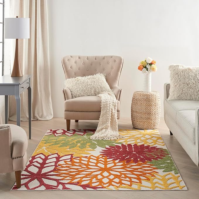 Nourison Home Aloha Indoor/Outdoor Red Multi Colored 6' x 9' Area Rug, Tropical, Botanical, Easy Cleaning, Non Shedding, Bed Room, Living Room, Dining Room, Deck, Backyard, Patio (6x9)