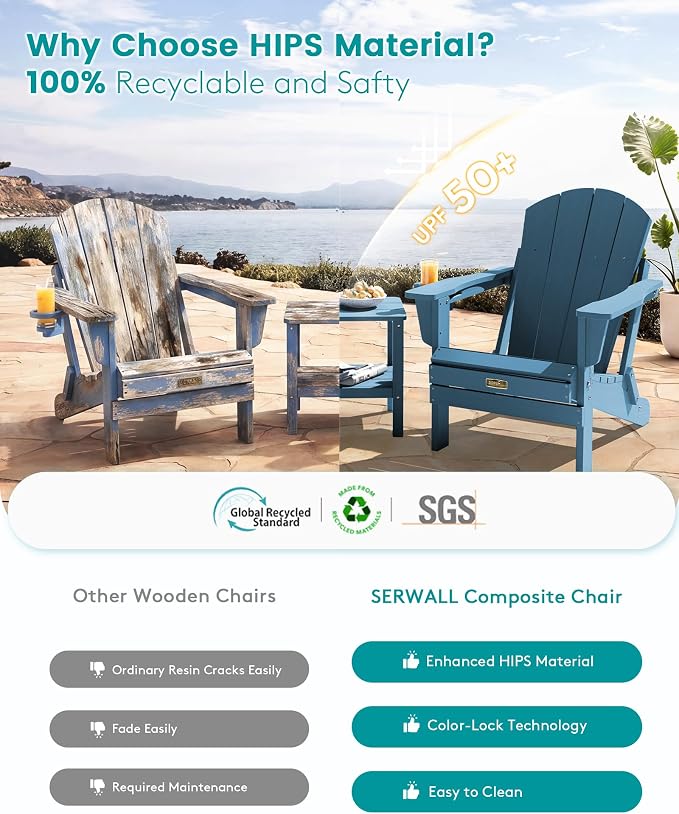 SERWALL Folding Adirondack Chair with Cup Holder Set of 4, Weather Resistant HIPS Patio Chairs, Wooden Textured, Fire Pit Chairs for Garden Outdoors Fire Pit - Blue