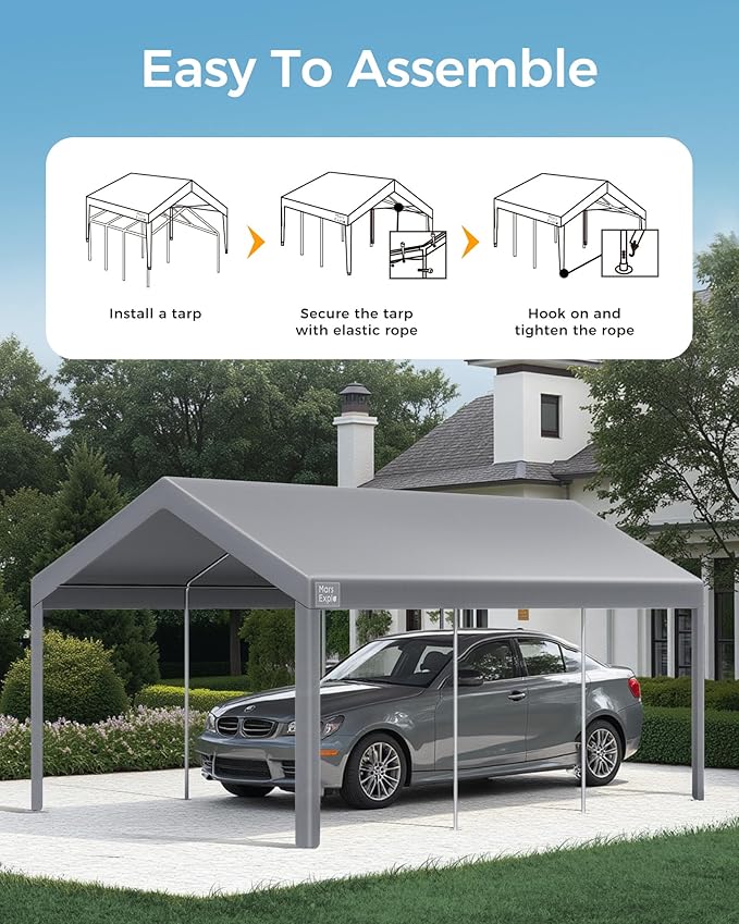 Heavy Duty 12x20FT Carport Replacement Canopy Cover, Waterproof UV Protected Tarp Replacement Top for Carport Frame with Ball Bungees, Car Garage Shelter (Gray, Top Cover Only)