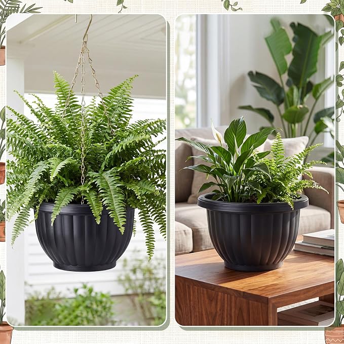 12 Sets Hanging Planters for Indoor and Outdoor Plants Self Watering Hanging Basket Flower Pots Plastic Plant Pots with Drainage Hole and Absorbing Tray(Black,10 Inch)