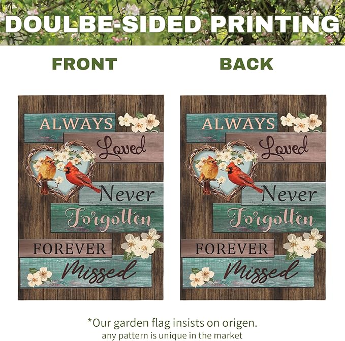 Cardinal Memorial Garden Flag Always Loved Never Forgotten Forever Missed Spring Summer Remembrance Yard Flags Red Bird Sympathy Outdoor Decor House Banner Double Sided 12x18 Inch Lawn Porch