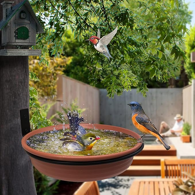 Bird Feeder Tree Mounted with Heavy Duty Sturdy Steel, 8.5” in Diameter×1.85" Deep Brick Red Bird Bath Tray,Installed on Wooden Fences, Trees, Deck,Indoor and Outdoor Walls