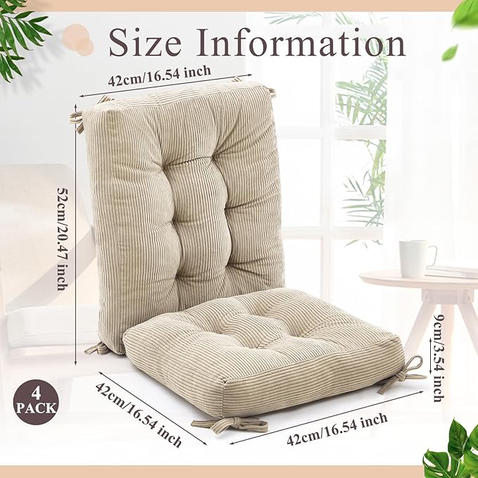 Juexica 4 Set Outdoor Patio Chair Cushions Corduroy Seat High Back Tufted Pillow Replacement Rocking Patio Chair Pads for Outdoor Indoor Home Office (Beige)