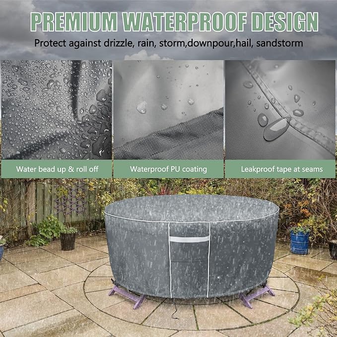 Gasadar Round Patio Table Cover Waterproof, Outdoor Furniture Covers for Round Table Set, 600D Heavy Duty, 96" Dia x 28" H, Grey