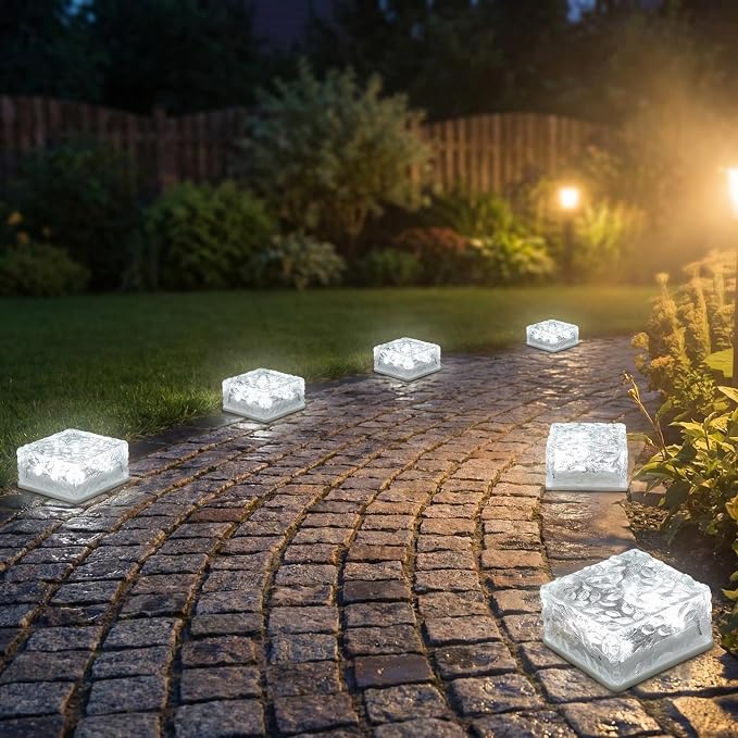 Solar Powered LED Acrylic Brick Lights, Multicolor Water Ripple Design, Waterproof In-Ground Landscape Path Lights for Outdoor Garden Patio Walkway (White)