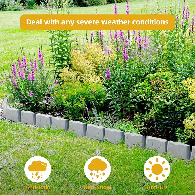 16 Pack(24FT) Landscape Edging, 48 Spikes, Flexible Plastic Border for Outdoor, Walkway, Lawn & Weed Control | 24ft L x 3in H Faux Stone Edging for Landscaping,Garden Edging Border Stone(Gray) ﻿﻿