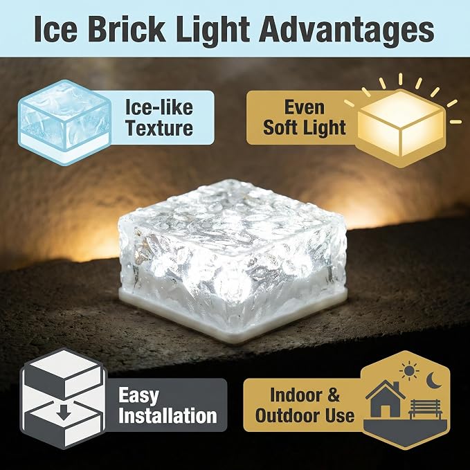 Solar Powered LED Acrylic Brick Lights, Multicolor Water Ripple Design, Waterproof In-Ground Landscape Path Lights for Outdoor Garden Patio Walkway (White)