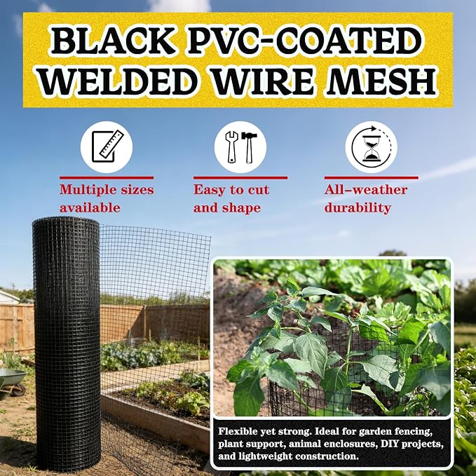 Black Hardware Cloth 1/2inx48inx100ft, 19GA, Chicken Wire Fencing Roll, Black Chicken Wire Mesh, Vinyl PVC Coated Welded Wire Mesh for Chicken Coop Barrier, Rabbit Snake Poultry Fences