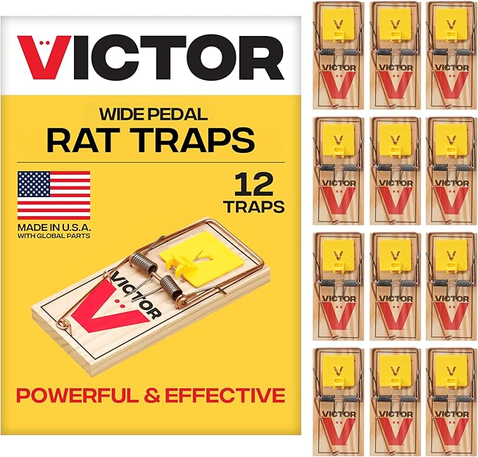 Victor M205 Wide Pedal Humane Snap Rat Traps Indoor for Home, Plastic Pedal, Sustainably Sourced FSC Wood - 12 Wooden Traps