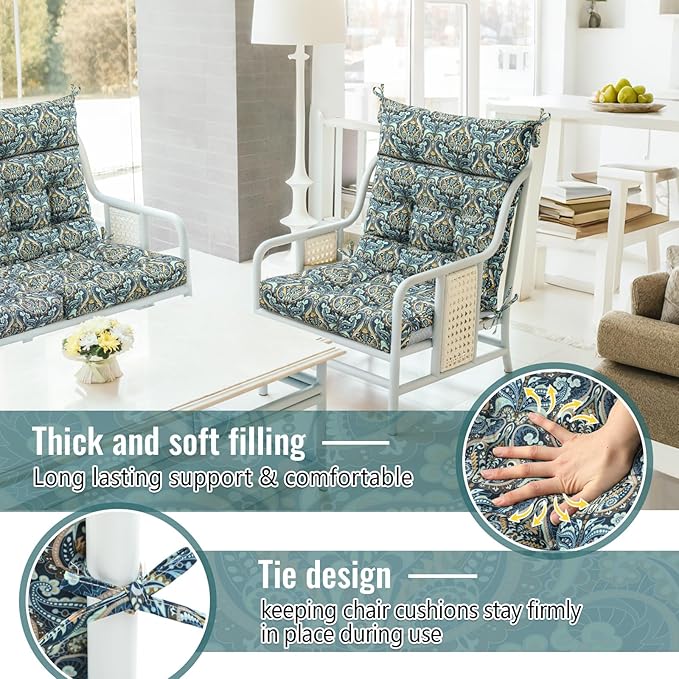 Sintuff 4 Pcs 44 x 21 x 4 Patio Chair Cushions Outdoor Chair Cushion Seat/Back Tufted Pillow with Ties Water Resistant Replacement Indoor Patio Furniture Outdoor Furniture (Paisley,Cyanine)