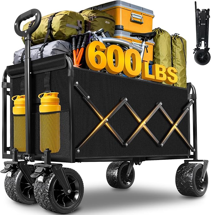 Foldable Wagon Cart with Wheels, Heavy Duty Collapsible Wagon, 600 lbs Capacity, 220L Large Capacity Utility Wagon, Dual Brakes & All-Terrain Wheels for Groceries, Beach, Camping, Apartment Moving