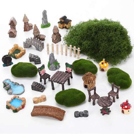 Fairy Garden Accessories, Miniature Garden Ornaments Landscape Mini Fairy Figures Animal Plant Set (32, Green)