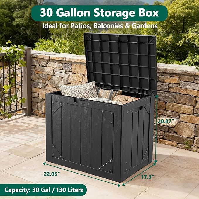30 Gallon Outdoor Deck Box 4 Pack, Waterproof Resin Patio Storage Boxes with Lockable Lid, Small Outdoor Storage for Cushions, Accessories, Garden Tools, Indoor Outdoor Organizer, Black