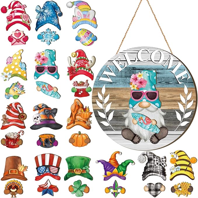 Qunclay Interchangeable Wooden Gnome Decor Holiday Seasonal Gnome Decorations with Magnet Pieces and Detachable Hats Changeable Welcome Sign for Home(Watercolor)