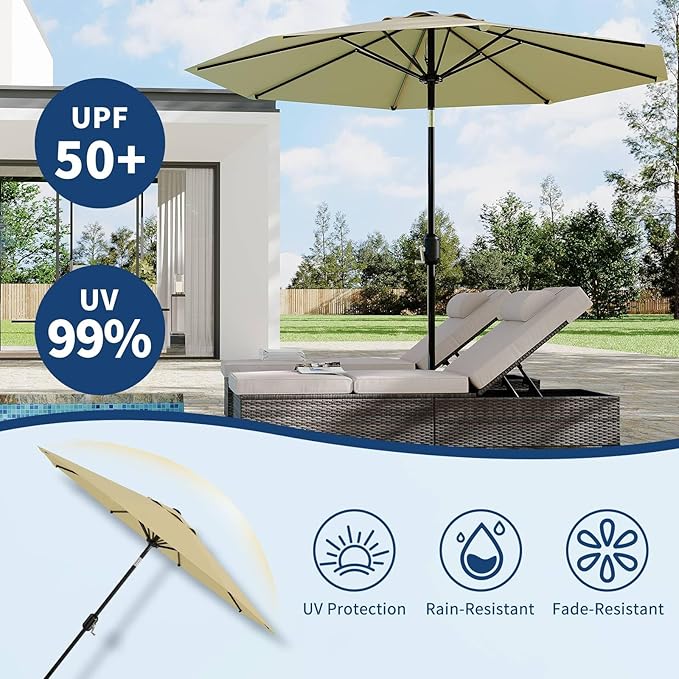 10 ft Patio Umbrella - 8 Sturdy Ribs Outdoor Table Umbrella with Crank Lift & Push Button Tilt - Market Umbrella for Pool, Deck, Yard, Garden -Beige