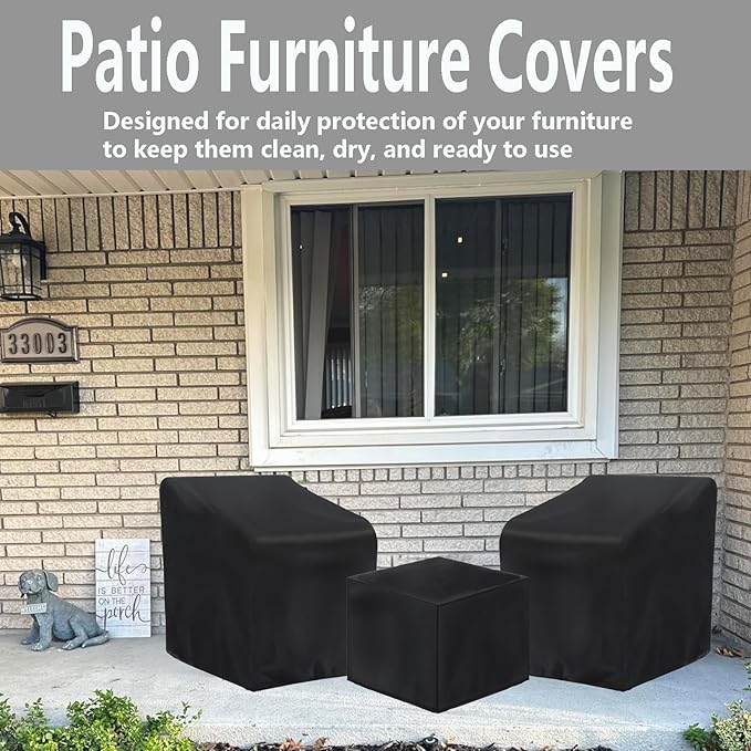 3 Piece Outdoor Veranda Patio Garden Furniture Cover Set with 420D Waterproof Fabric, Patio Furniture Covers Set with Windproof Buckle Strap Fit for Outdoor Wicker Rattan Chair Sets, Black