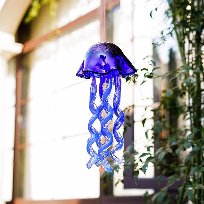 20Inch Art Blown Glass Jellyfish Wind Chime,Handmade Glass Jellyfish Hanging Sun Catcher Wind Chime,Wind Chimes for Outdoor,Animal Glass Blown Wind Chimes for Garden Yard Wedding Decor(Royal Blue)
