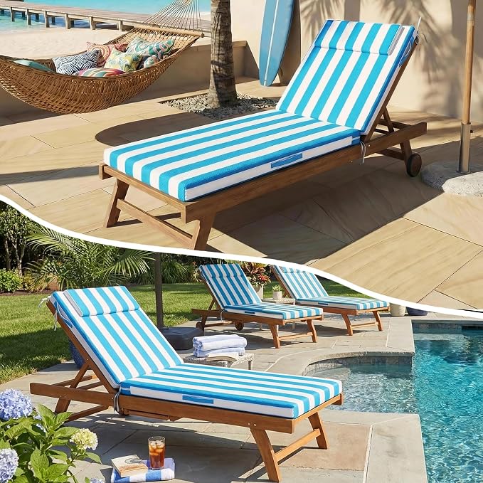 Outdoor Chaise Lounge Cushions, 72x21 Inch Olefin Water & Fade Resistant Pool Lounge Chair Cushions, Patio Sun Lounger Pad with Pillow & Straps for Patio, Pool, Deck, Lawn, Blue White Stripes