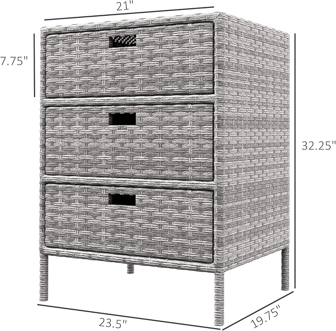 Outsunny Outdoor Towel Cabinet, PE Rattan Pool Storage Organizer, Freestanding Outdoor Towel Rack for Pool with 3 Drawers and Weather Safe Material, Gray