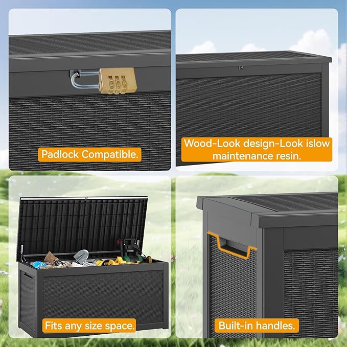 KAMABOKO 300 Gallon Outdoor Storage Box, Resin Deck Boxes Indoor and outdoor, Waterproof Storage Box Lockable Lid for Garden Tools, Package Delivery, Patio Cushions, Black