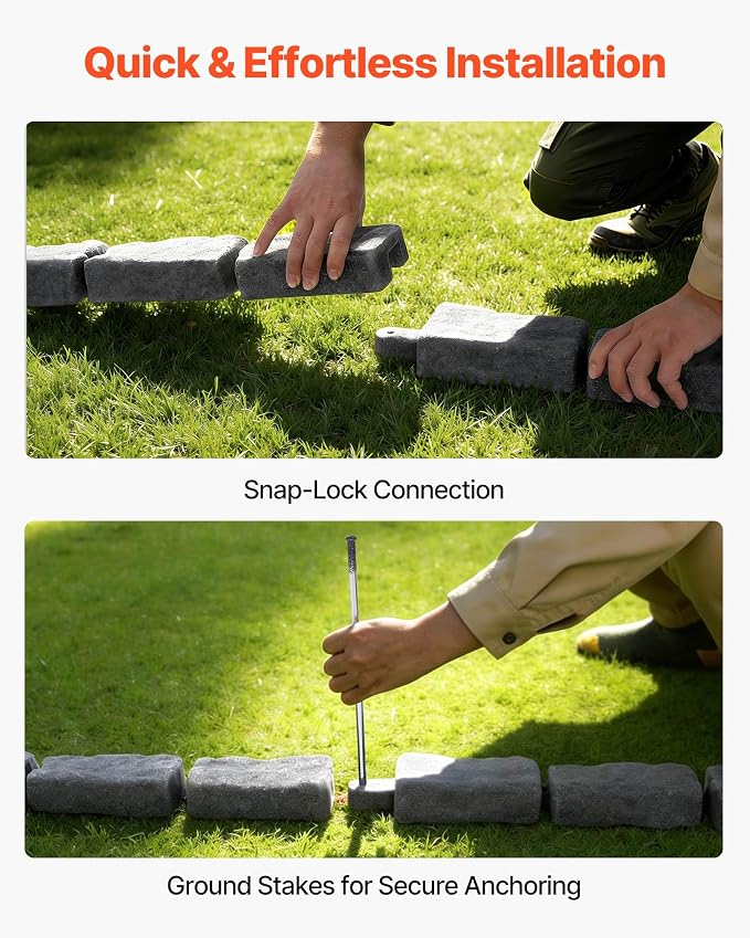 VEVOR Faux Stone Landscape Edging, 15.5 ft Kit, No Dig Garden Edging Border, Blocks for Lawn, Flower Beds, Yard, 4 Pack Each Section Has 6 Bricks 46.46"L x 3.74"W x 2.24"H, 16 Spikes & 4 Corners, Gray
