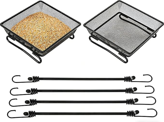2 Pcs Deck Railing Bird Feeder, Tray for Balcony7×7×2 Inches, with 4 Elastic Cords and Ground Netting, Suitable for Outdoor Areas Such as Backyards and Gardens.