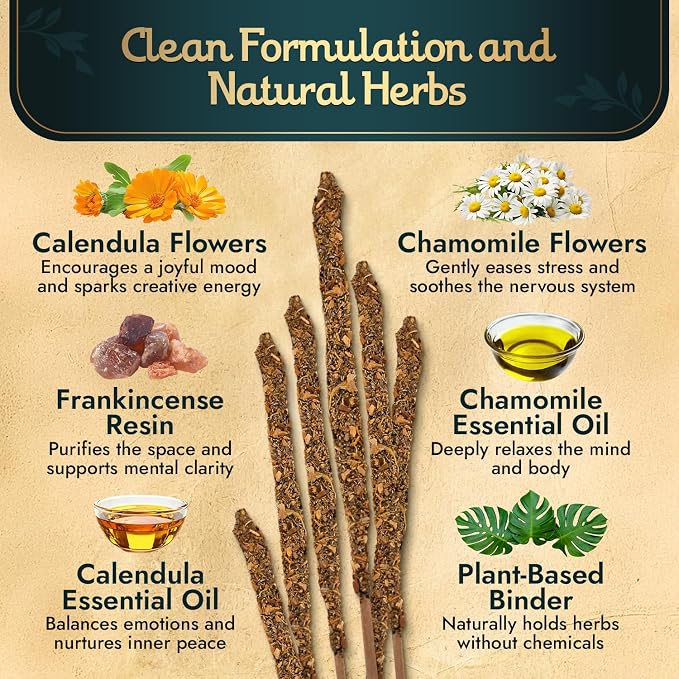 Sagrada Madre Chamomile Incense Sticks - 9 Extra Long Rods for Abundance, Peace, Love & Protection - Infused with Natural Calendula, Frankincense & Essential Oils - 50-Minute Burn Time for Meditation