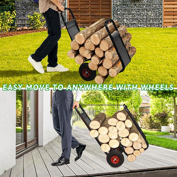 Kapler Firewood Cart with Wheels - Heavy Duty Steel Dolly Hauler - 250 LB Capacity & 600D Oxford Cloth for Indoor Outdoor Fireplace Fire Pit Use