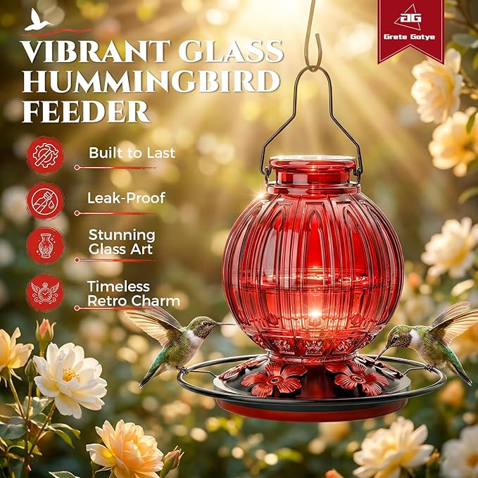 2 Pack Glass Hummingbird Feeder for Outdoors Hanging, Bird Nectar Feeder with Perch & 5 Flower Feeding Ports, 26 Oz Leak Proof for Outside Garden Decor Backyard, Gifts for Women Mom, Red