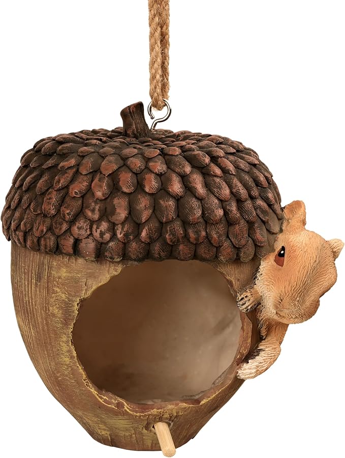 Hanging Bird Houses for Outside, Acorn-Shaped Resin Birdhouse with Squirrel Design for Outdoors Decorative Birdhouses,