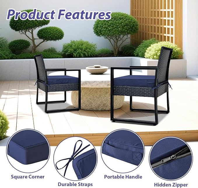 IPYNBAP Outdoor Chair Cushions Set of 4 -Waterproof Outdoor Seat Cushions for Patio Furniture, Patio Chair Cushion with Handle and Ties, Out Door Chair Pads,18.5x16x3-Square, Navy Blue
