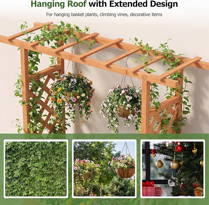HAPPYGRILL 89" Raised Garden Bed with Trellis & Hanging Roof, Wooden Planter Box with 4 Drainage Holes, Outdoor Wood Elevated Garden Bed for Climbing Plants Vines Vegetables Flowers (Orange,1)
