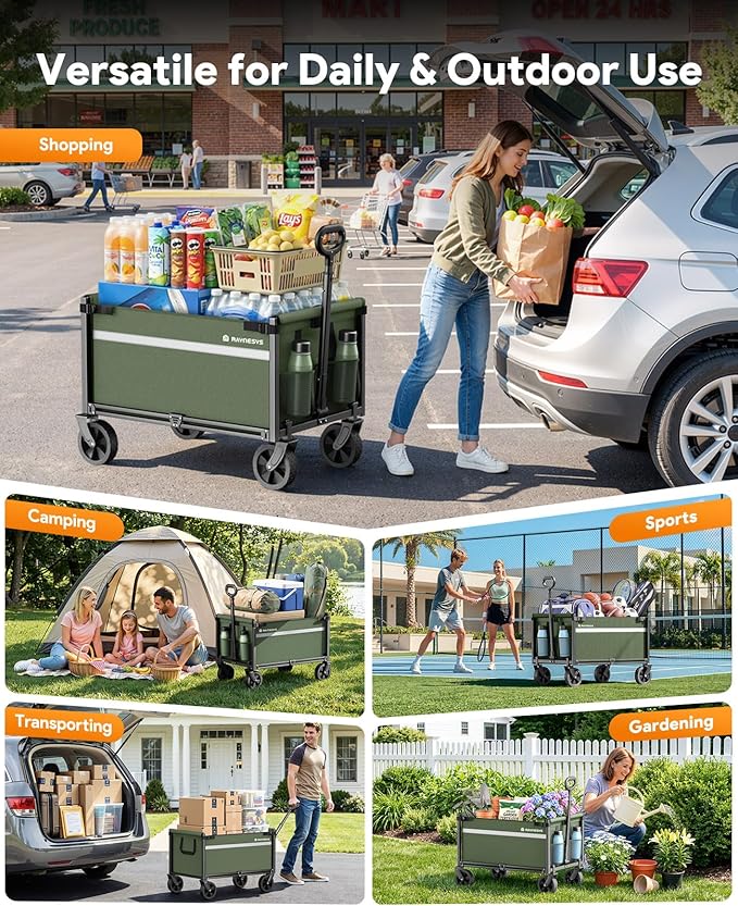 Wagons Carts Foldable, Collapsible Wagon Cart Foldable, 220LBS Heavy Duty Folding Wagon Carts with Wheels, Portable Utility Cart for Grocery Sports Garden Shopping Camping, Green