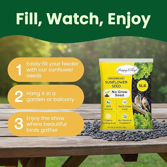 Happy Wings Black Oil Sunflower Seeds for Wild Birds 5 lbs- Combo Pack of 2 I No Grow Seed I High-Energy Bird Food Ideal for Finches, Sparrows, and More I All Year-Round Feeding.
