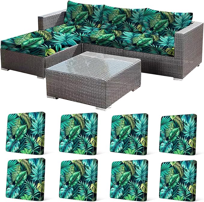 CALBODE 8 Pcs Stretch Outdoor Seat Cushion Covers, Washable Chair Seat Cover for Patio Furniture Cushions Soft Indoor and Outdoor Couch Cover Replacement (Green Tropical Leaves, Cover Only)