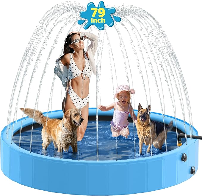 Raxurt Dog Pool with Sprinkler, 79'' Foldable Dog Pools for Large Dogs, 2-in-1 Sprinkler Pool Heavy Duty, PVC Non Slip Pet Bathing Tub for Outdoor Backyard, Blue