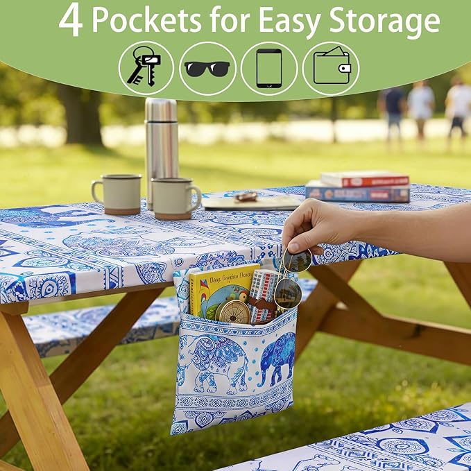 Fitted Waterproof Picnic Table Cover with Bench Covers Heavy Duty Elastic Outdoor Camping Tablecloth for 6 Foot Rectangle Tables Summer Rv Accessories Patio Garden Road Trip Essentials Gifts