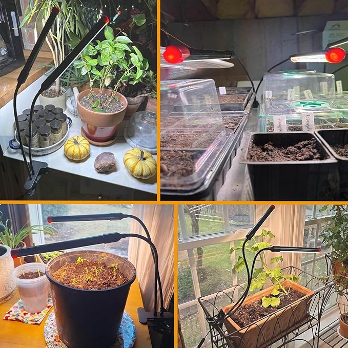 Small 2Head Clip Grow Lights for Indoor Plants, Seed Starting, Bonsai, Succulent, Bright Plant Growing Lamps, 4/8/12/16/20H Timer, 18 Watt Power Draw, NO Need Adapter
