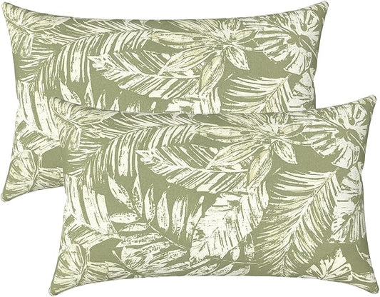 LVTXIII Set of 2 Patio Lumbar Pillows, 12" x 20" Fade Resistant Outdoor Lumbar Pillow with Inners, Fluffy Decorative Garden Lumbar Cushions for Home Patio Coach Sofa Use, Tropical Leaf Green