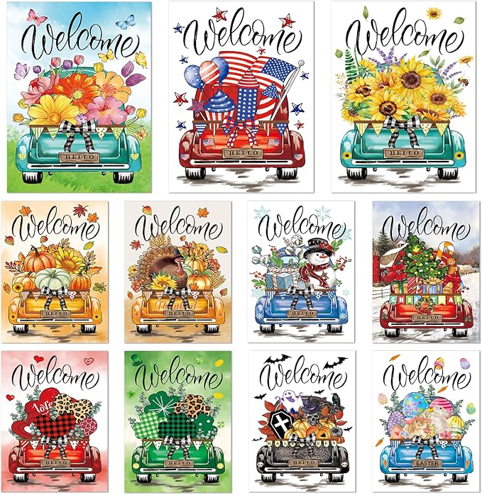 Seasonal Garden Flags Set of 11 Double Sided 12 x 18 Inch Rustic Truck Yard Flags, Small Flags for Outside, Summer Spring 4th of July Outdoor Flags, Holiday Garden Flags for All Seasons